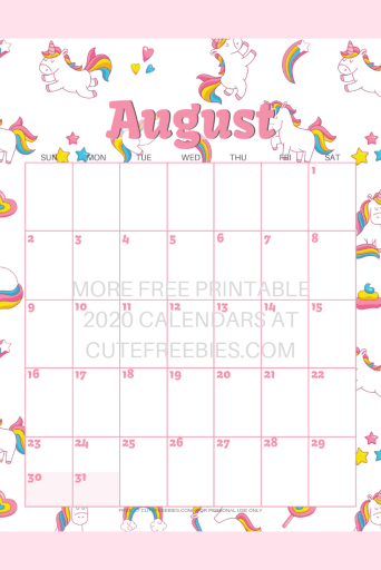 August 2020 calendar with unicorns #unicorn #freeprintable #cutefreebiesforyou