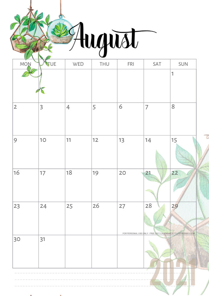 Free printable August 2021 calendar with plants - CLICK PREVIOUS POST to download the PDF