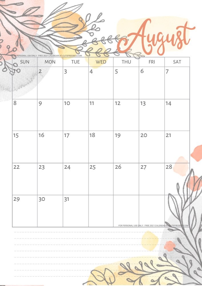 August 2021 calendar free printable monthly planner - See previous post to download the PDF file. #cutefreebiesforyou