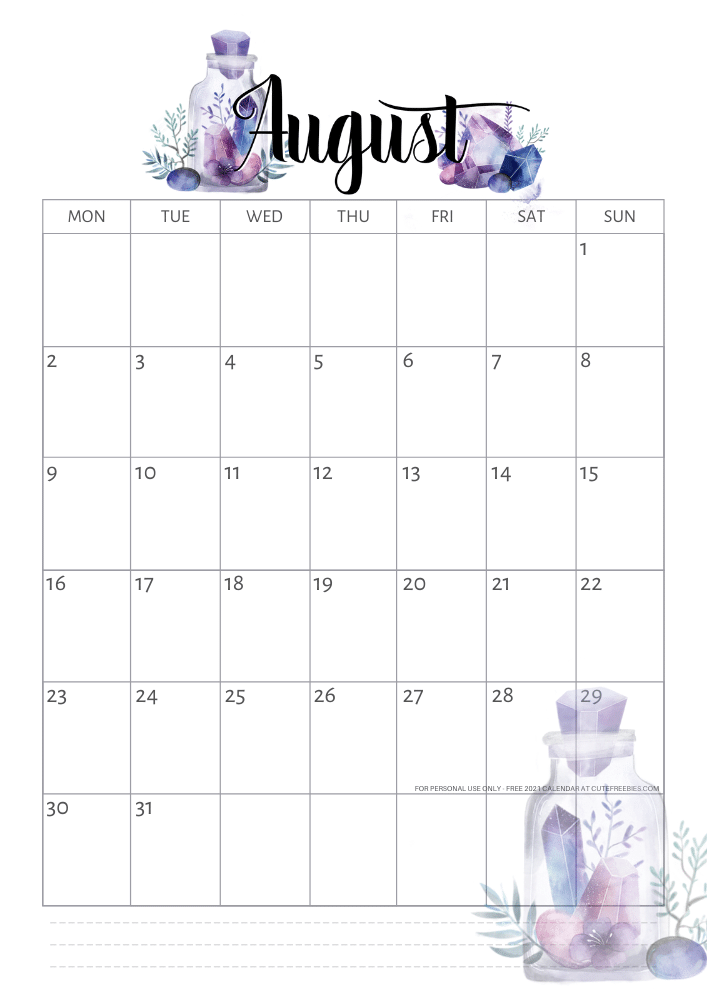 August 2021 calendar - free printable monthly calendar with purple crystals (SEE PREVIOUS POST DO DOWNLOAD THE PDF)