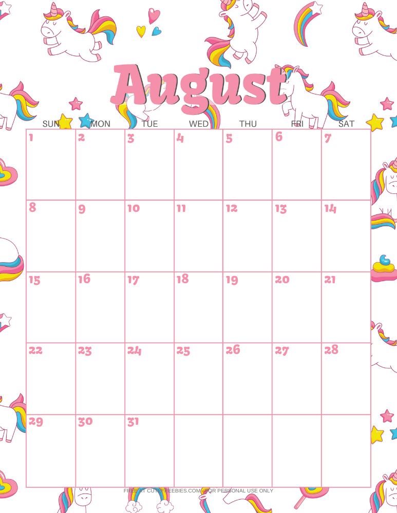 August 2021 calendar with unicorns #unicorn #freeprintable #cutefreebiesforyou