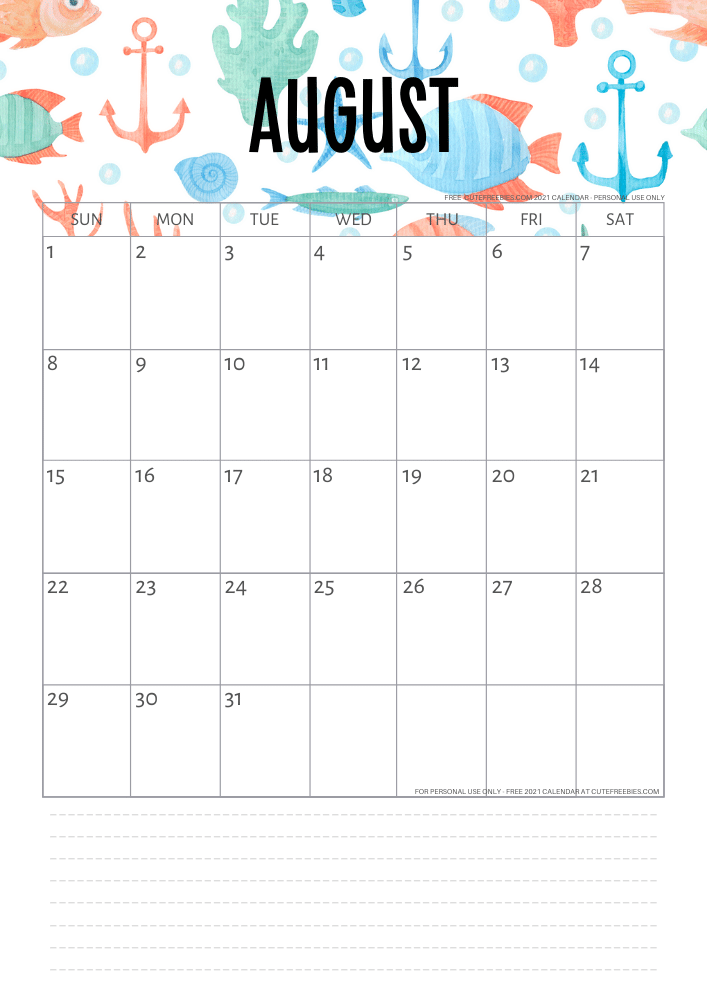 August 2021 Monthly calendar - sea themed #cutefreebiesforyou #freeprintable