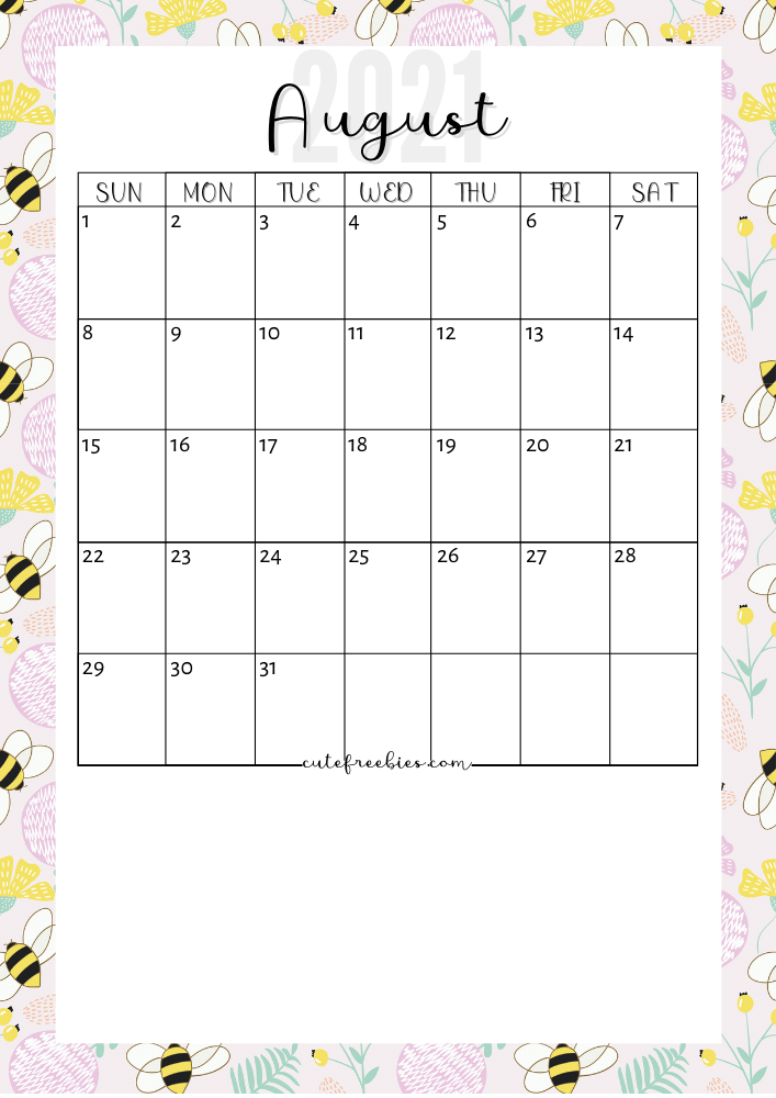 August 2021 Floral Calendar #cutefreebiesforyou #freeprintable #budgetplanner SEE PREVIOUS POST TO GET THE COMPLETE 2021 CALENDAR
