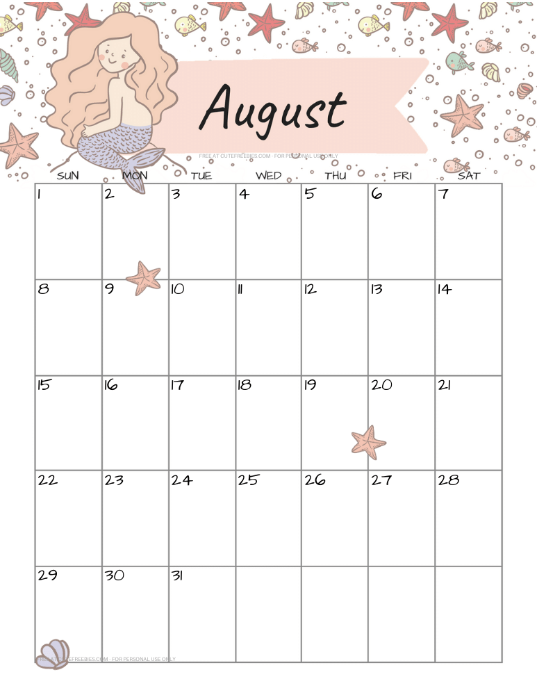 August 2021 calendar with cute mermaid #cutefreebiesforyou #mermaid #freeprintable