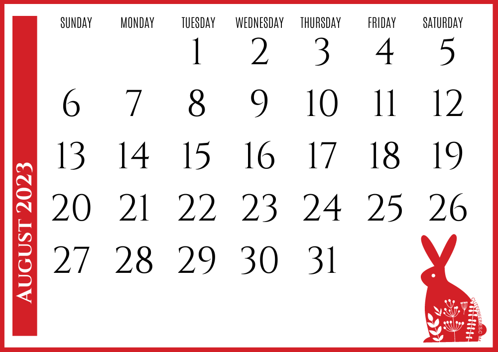 August 2023 Year of the rabbit calendar - Free printable Chinese New Year monthly calendar #cutefreebiesforyou - SEE PREVIOUS POST TO DOWNLOAD THE COMPLETE 2023 CALENDAR