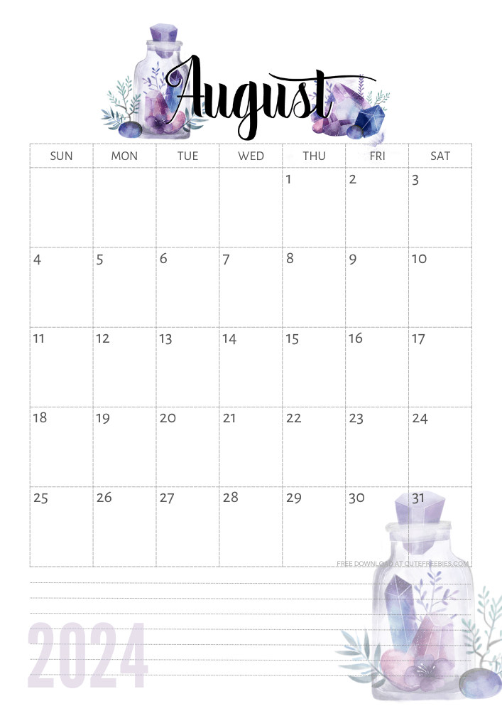 August 2024 calendar - free printable monthly calendar with purple crystals (SEE PREVIOUS POST TO DOWNLOAD THE COMPLETE 2024 CALENDAR)