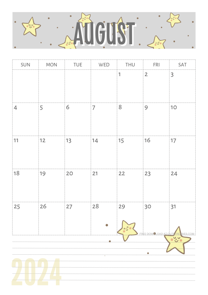 August 2024 Yellow stars calendar free printable - SEE PREVIOUS POST TO DOWNLOAD THE COMPLETE 2024 CALENDAR