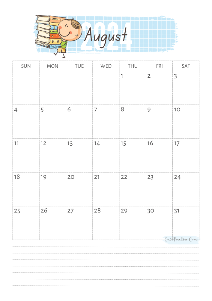 August 2024 cute calendar for kids - free printable monthly planner #cutefreebiesforyou - SEE PREVIOUS POST TO DOWNLOAD THE COMPLETE 2024 CALENDAR