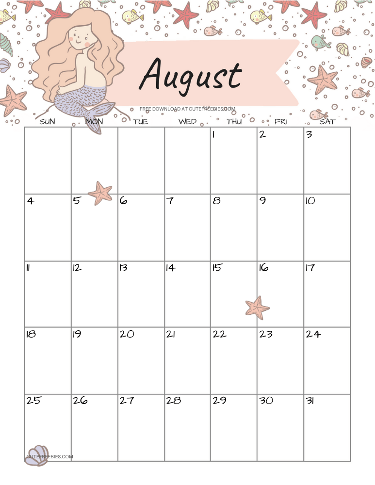 August 2024 monthly calendar with cute mermaid #cutefreebiesforyou #mermaid #freeprintable SEE PREVIOUS POST TO DOWNLOAD THE COMPLETE 2024 CALENDAR