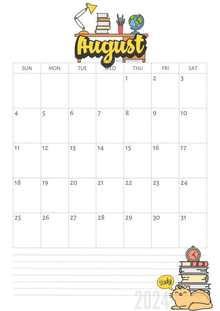 August 2024 calendar, free printable school calendar for 2024 - SEE PREVIOUS POST TO GET THE COMPLETE 2024 MONTHLY CALENDAR PDF