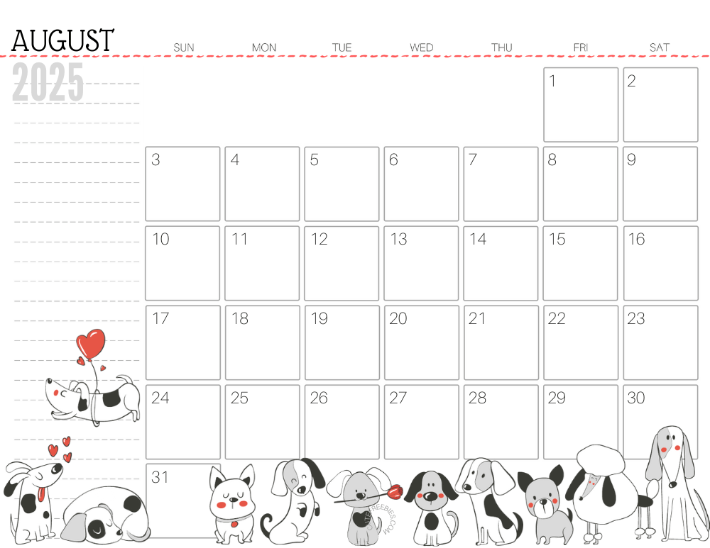 August 2025 calendar cute dog free printable #cutefreebiesforyou SEE PREVIOUS POST TO DOWNLOAD THE COMPLETE 2025 CALENDAR