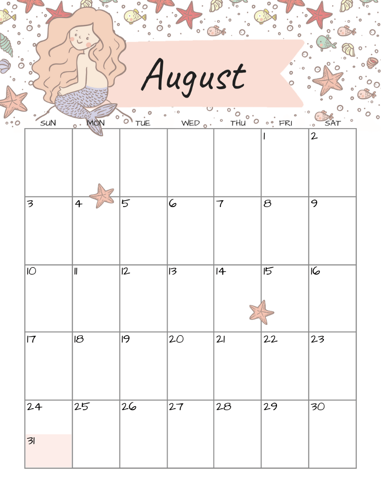 August 2025 monthly calendar with cute mermaid #cutefreebiesforyou #mermaid #freeprintable SEE PREVIOUS POST TO DOWNLOAD THE COMPLETE 2025 CALENDAR