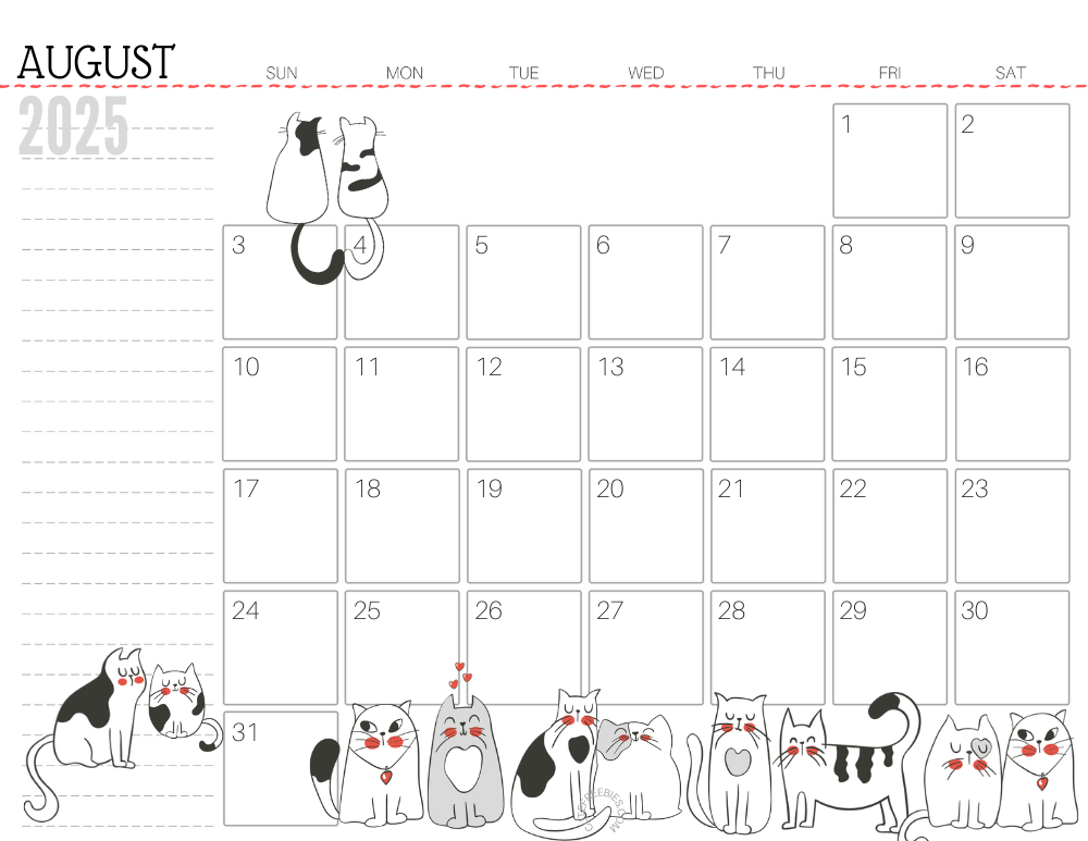 August 2025 monthly planner cat free printable #cutefreebiesforyou - SEE PREVIOUS POST TO DOWNLOAD THE COMPLETE 2025 CALENDAR