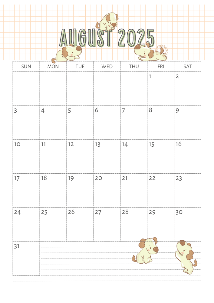August 2025 calendar for kids cute dogs free printable #cutefreebiesforyou SEE PREVIOUS POST TO DOWNLOAD THE COMPLETE 2025 CALENDAR