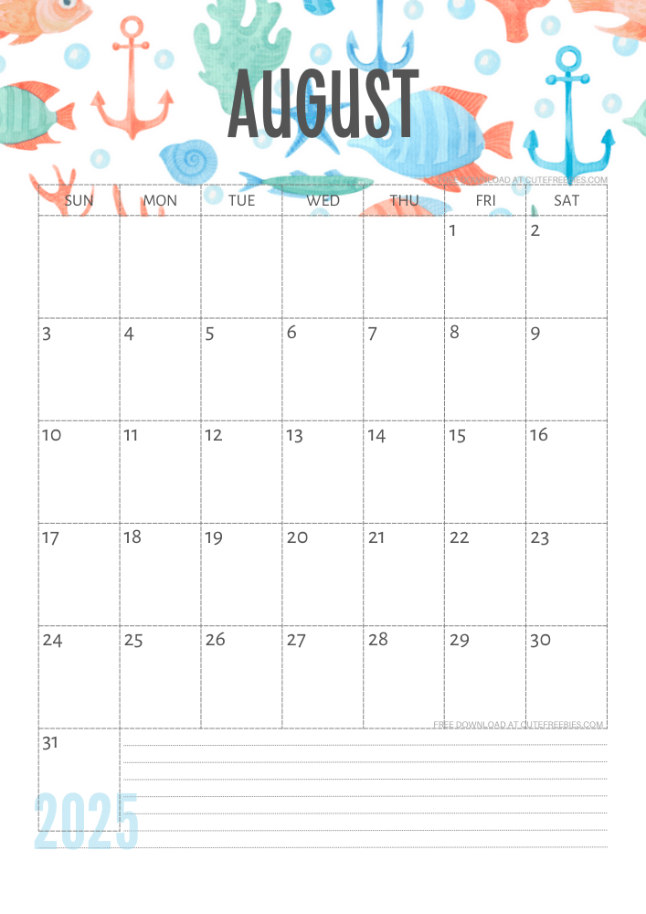 August 2025 Under the Sea themed calendar free printable - SEE PREVIOUS POST TO DOWNLOAD THE COMPLETE 2025 CALENDAR
