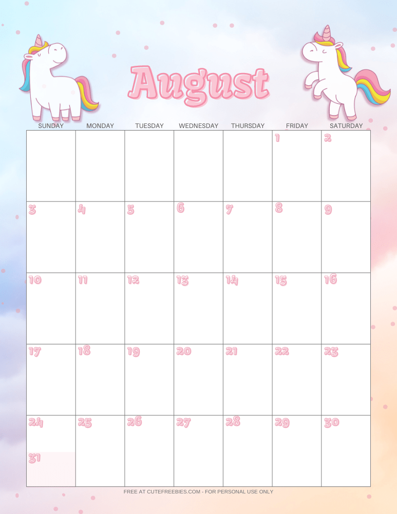 August 2025 calendar with unicorns #unicorn #freeprintable #cutefreebiesforyou #2025