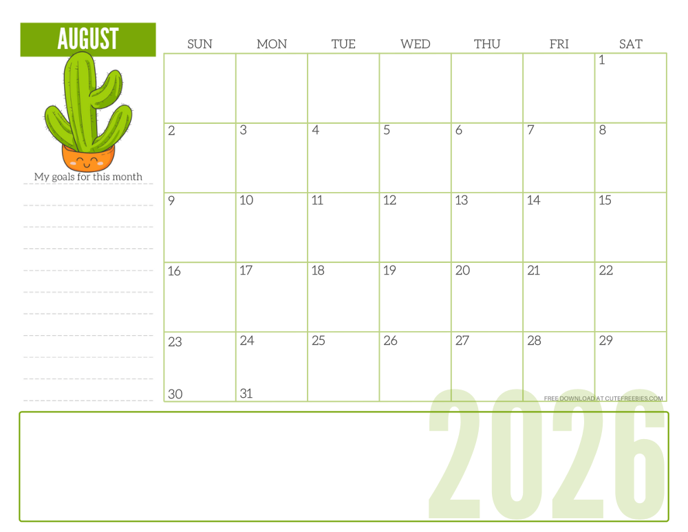 August 2026 cute monthly planner with plant - free printable 2025 cute calendar for plant lovers #freeprintable #cutefreebiesforyou SEE PREVIOUS POST TO DOWNLOAD THE COMPLETE 2026 CALENDAR #2026