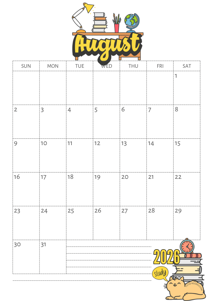 August 2026 calendar, free printable school calendar for 2026 - SEE PREVIOUS POST TO GET THE COMPLETE 2026 MONTHLY CALENDAR PDF