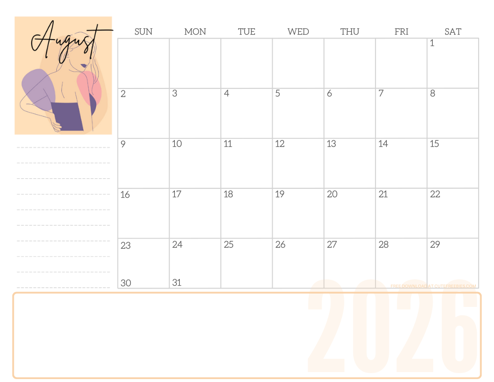 August 2026 line art calendar for women - free printable monthly planner - CLICK PREVIOUS POST TO DOWNLOAD THE COMPLETE 2026 CALENDAR