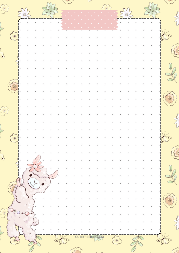 Free printable dot grid bullet journal - monthly planner template PDF with cute llama floral yellow theme #cutefreebiesforyou #printableplanner #freeprintable #bulletjournal #llama
