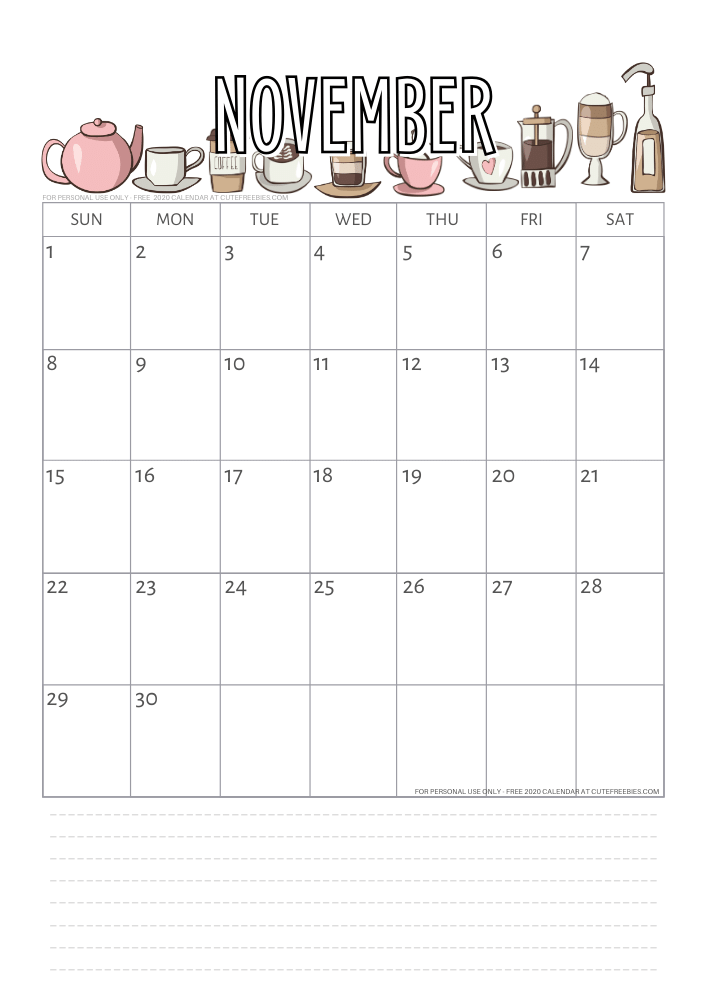 Free printable November 2020 calendar coffee calendar #cutefreebies #freeprintable
