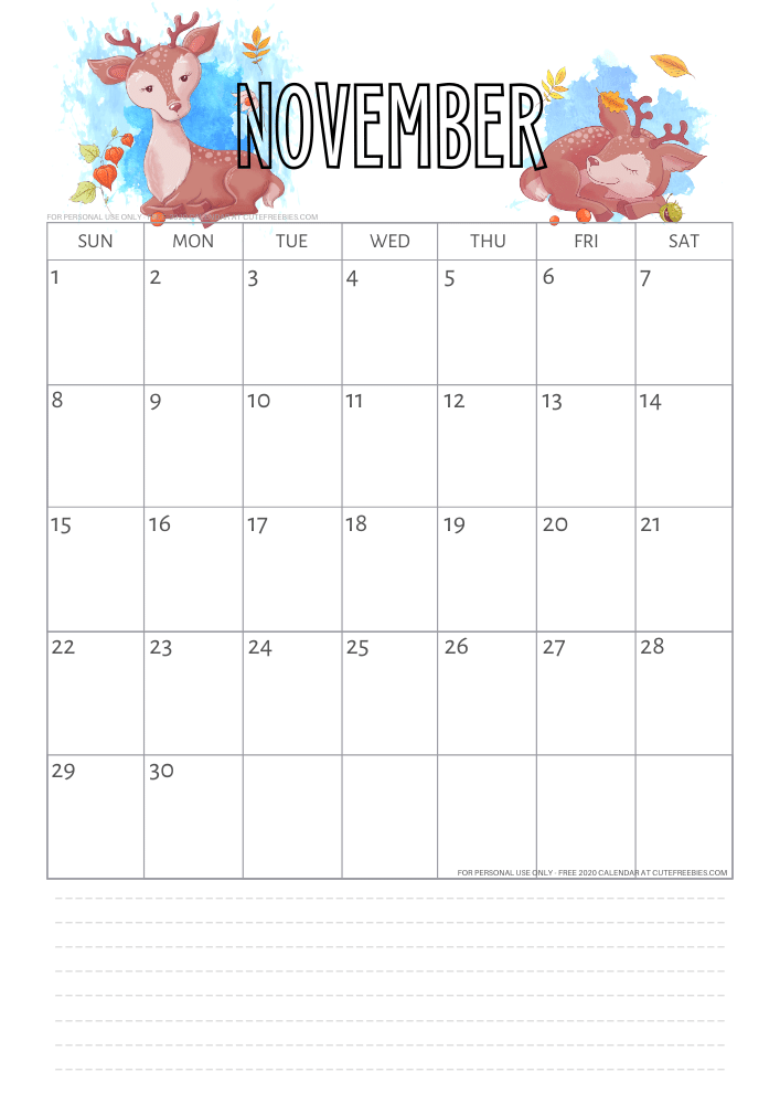 Free printable November 2020 calendar autumn calendar #cutefreebies #freeprintable