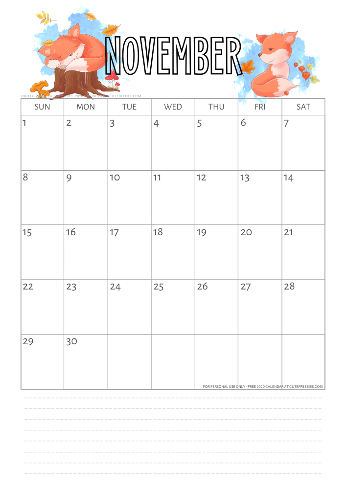 Free printable November 2020 calendar autumn calendar #cutefreebies #freeprintable