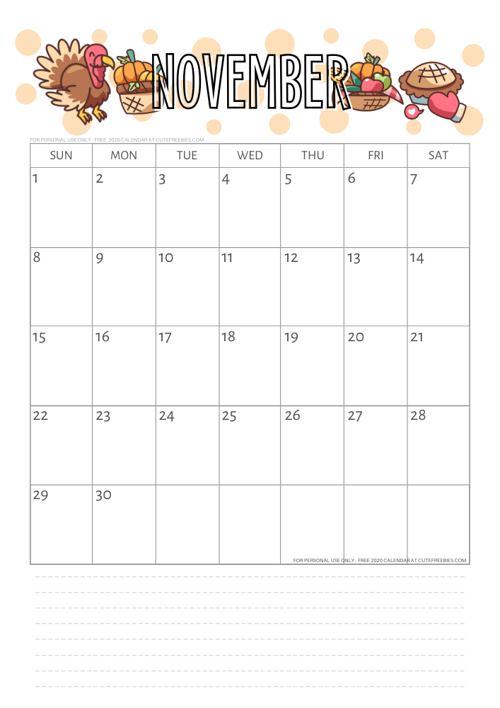 Free printable November 2020 calendar autumn thanksgiving calendar #cutefreebies #freeprintable