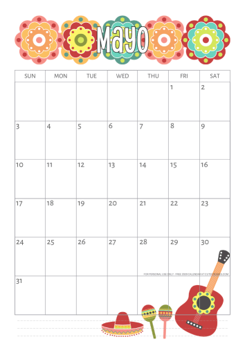 May 2020 calendar printable -Cinco De Mayo theme.