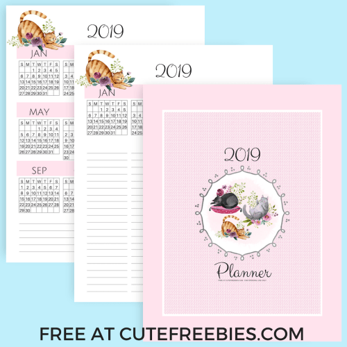 FREE Cute Cats Planner For 2019! Get your free printable planner with 2019 monthly calendar, future log, weekly planner, trackers and planner templates. Download now! #freeprintable #printableplanner #cutefreebies