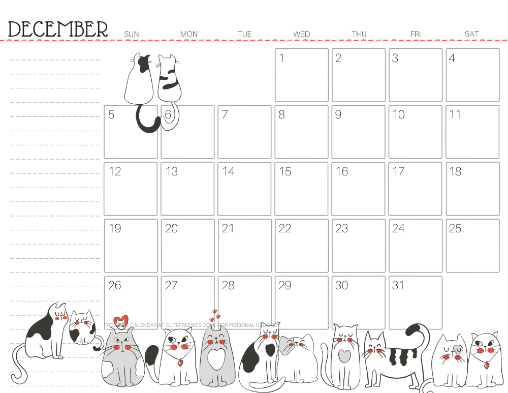 December 2021 monthly planner cat free printable #cutefreebiesforyou - SEE PREVIOUS POST TO DOWNLOAD THE FREE PDF FILE