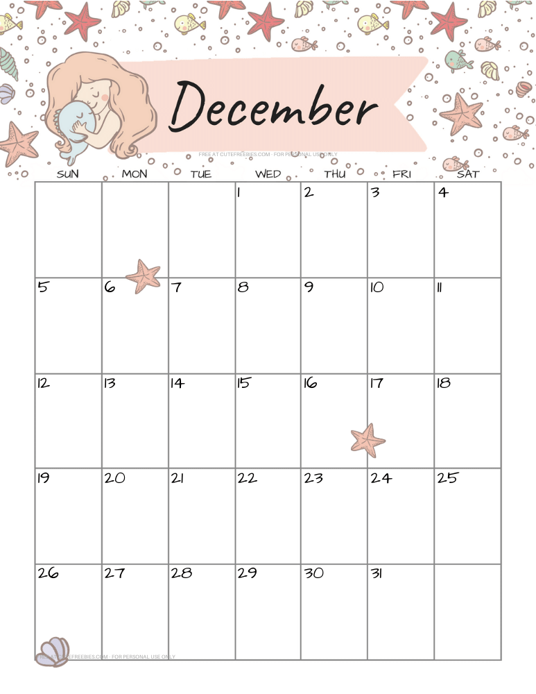 December 2021 calendar with cute mermaid #cutefreebiesforyou #mermaid #freeprintable