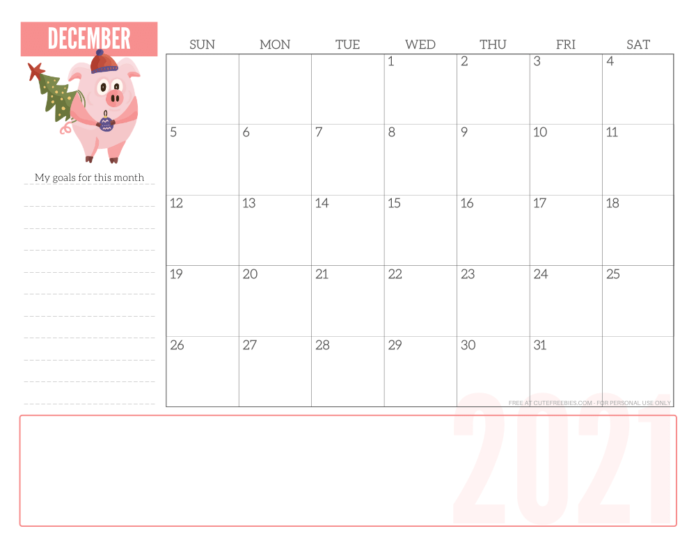 DECEMBER 2021 CUTE monthly planner - free printable 2021 monthly calendar pink pig #printablesandinspirations #freeprintable SEE PREVIOUS POST TO DOWNLOAD THE PDF