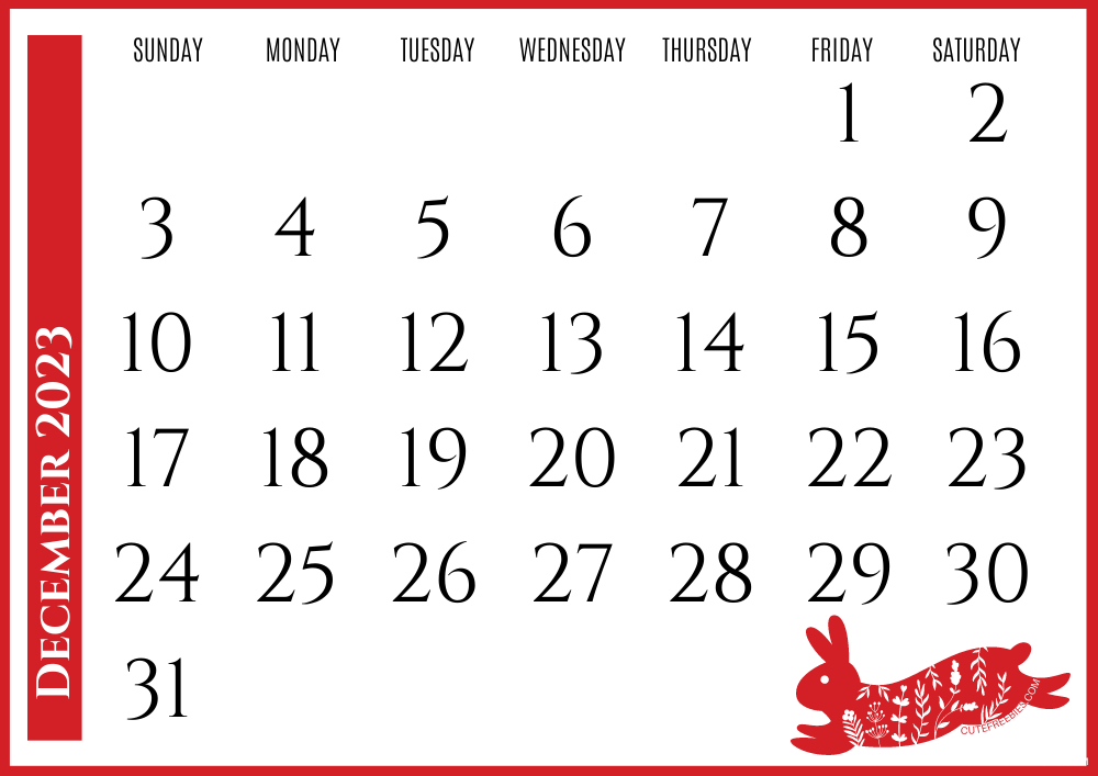 December 2023 Year of the rabbit calendar - Free printable Chinese New Year monthly calendar #cutefreebiesforyou - SEE PREVIOUS POST TO DOWNLOAD THE COMPLETE 2023 CALENDAR
