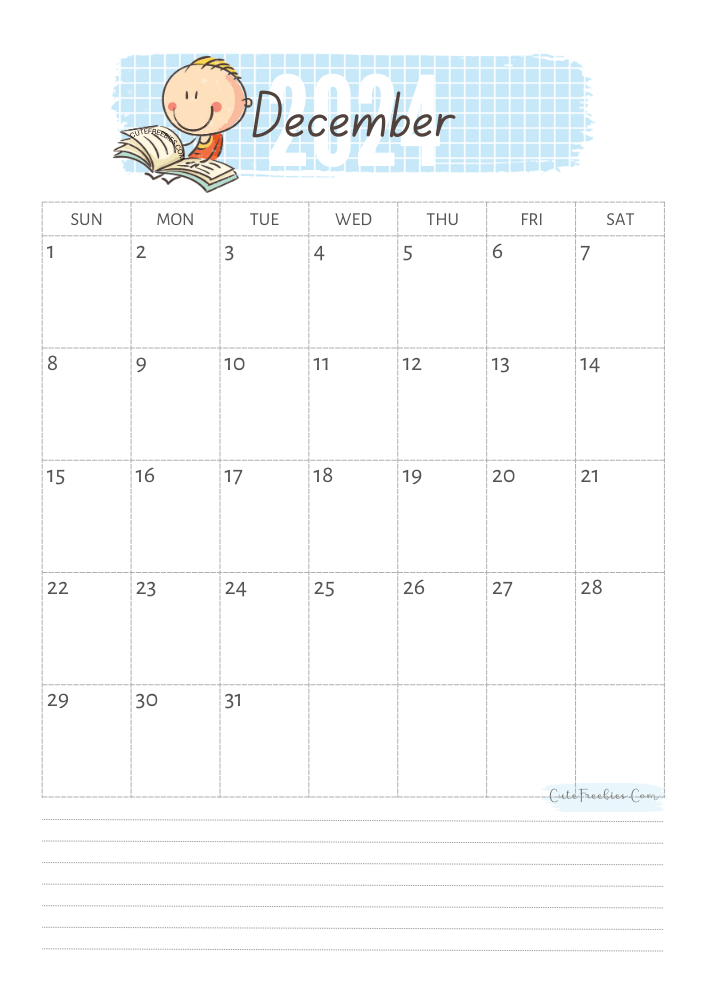 December 2024 cute calendar for kids - free printable monthly planner #cutefreebiesforyou - SEE PREVIOUS POST TO DOWNLOAD THE COMPLETE 2024 CALENDAR