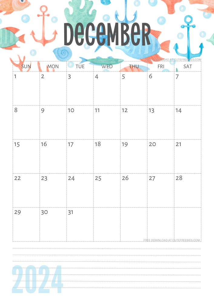 December 2024 Under the Sea themed calendar free printable - SEE PREVIOUS POST TO DOWNLOAD THE COMPLETE 2024 CALENDAR