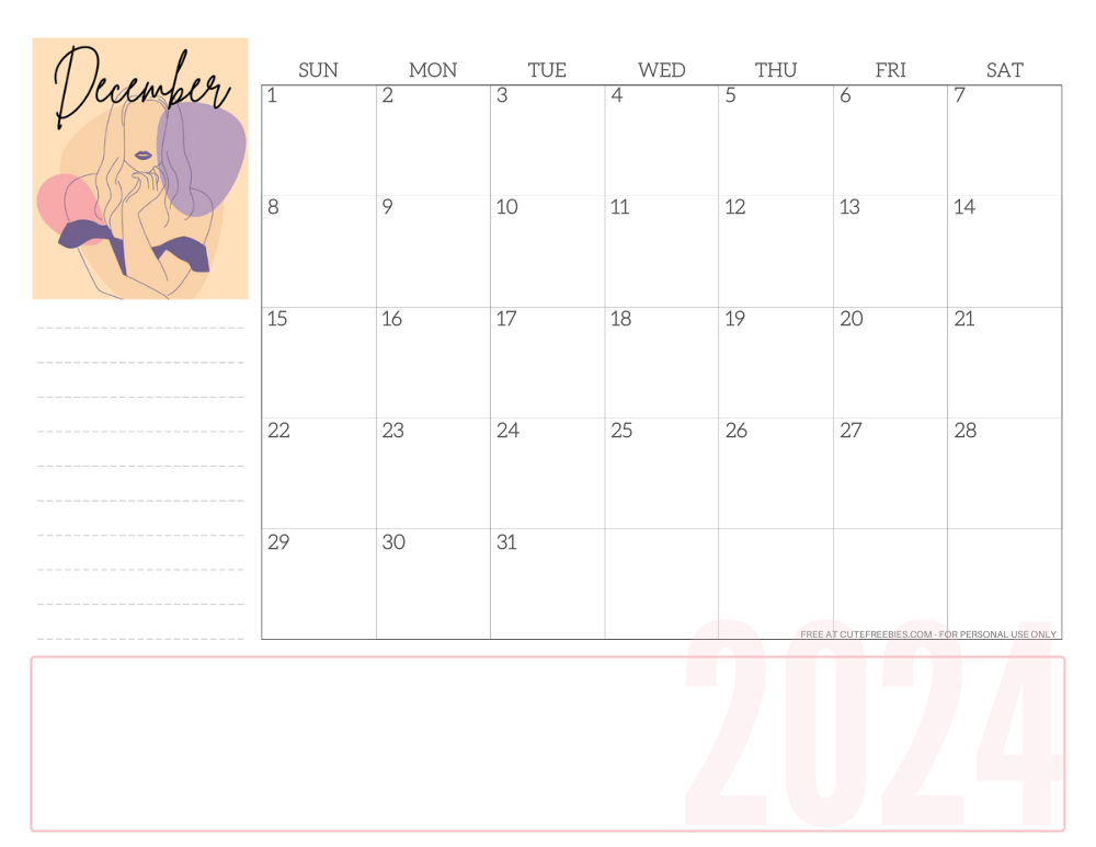 DECEMBER 2024 line art calendar for women - free printable monthly planner - CLICK PREVIOUS POST TO DOWNLOAD THE COMPLETE 2024 CALENDAR
