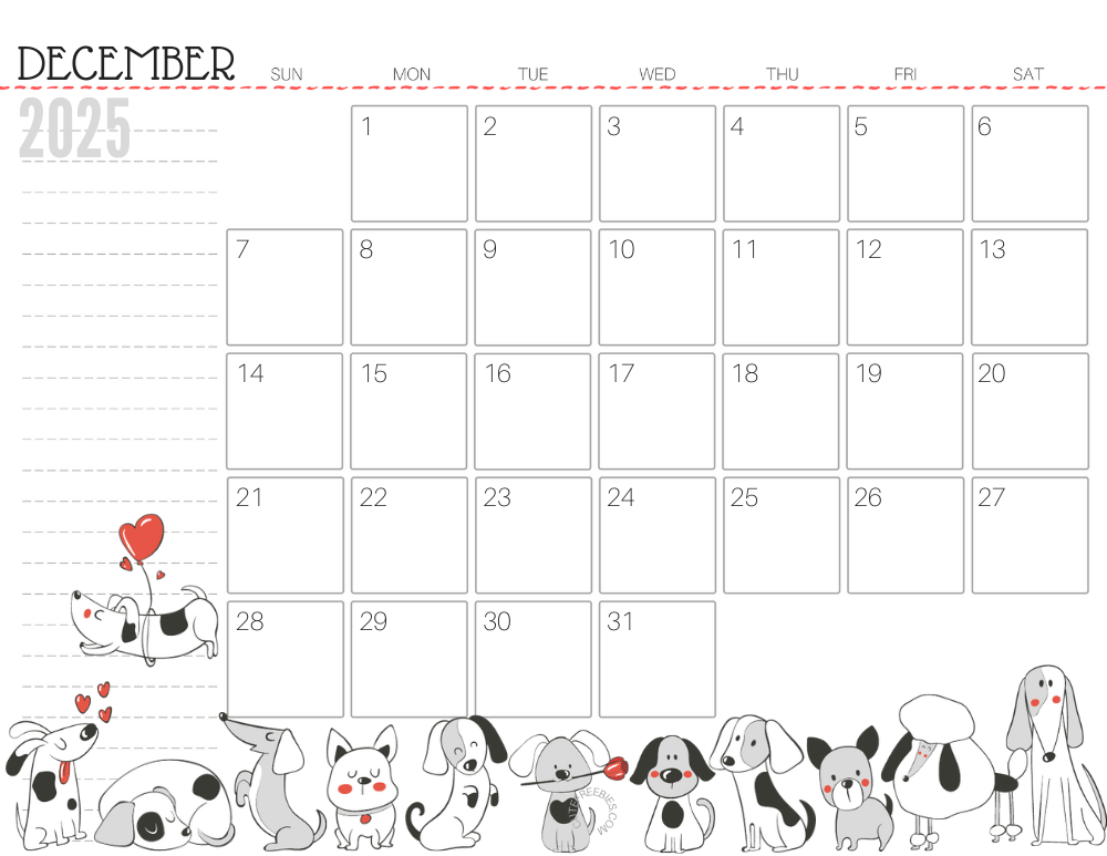 December 2025 calendar cute dog free printable #cutefreebiesforyou SEE PREVIOUS POST TO DOWNLOAD THE COMPLETE 2025 CALENDAR