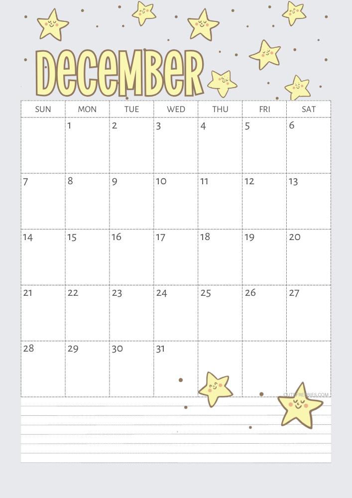 December 2025 Yellow stars calendar free printable - SEE PREVIOUS POST TO DOWNLOAD THE COMPLETE 2025 CALENDAR