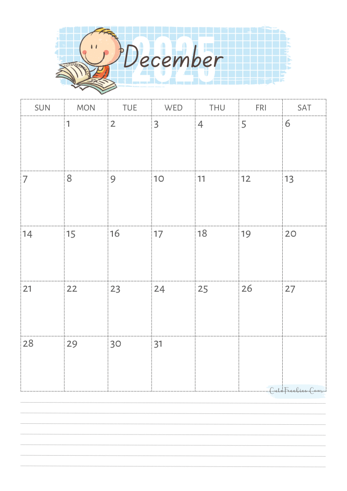 December 2025 cute calendar for kids - free printable monthly planner #cutefreebiesforyou - SEE PREVIOUS POST TO DOWNLOAD THE COMPLETE 2025 CALENDAR