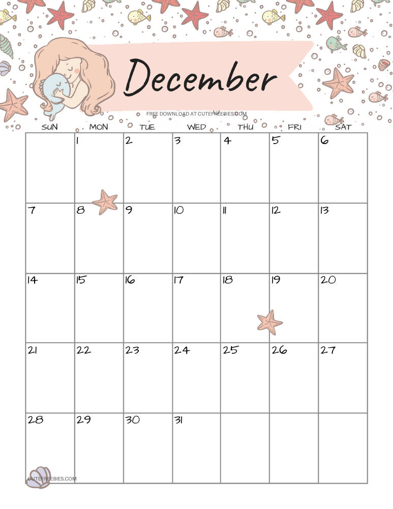 December 2025 monthly calendar with cute mermaid #cutefreebiesforyou #mermaid #freeprintable SEE PREVIOUS POST TO DOWNLOAD THE COMPLETE 2025 CALENDAR