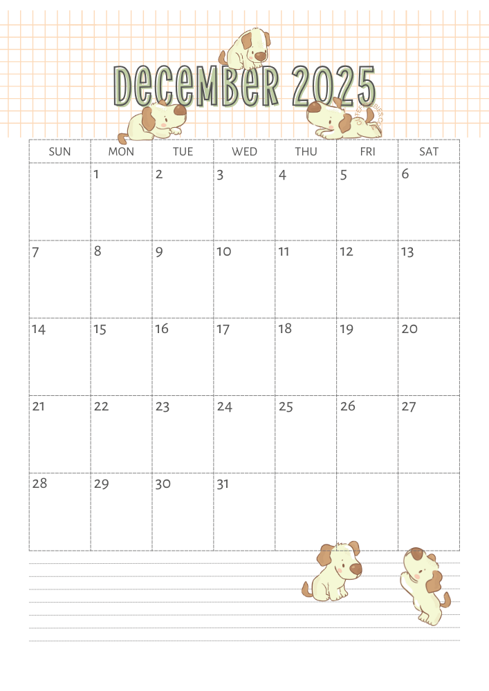December 2025 calendar for kids cute dogs free printable #cutefreebiesforyou SEE PREVIOUS POST TO DOWNLOAD THE COMPLETE 2025 CALENDAR