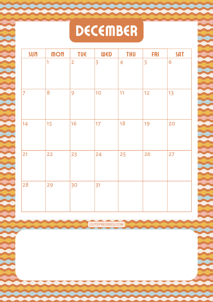 December 2025 colorful retro calendar free printable cutefreebiesforyou - SEE PREVIOUS POST TO DOWNLOAD THE COMPLETE 2025 CALENDAR