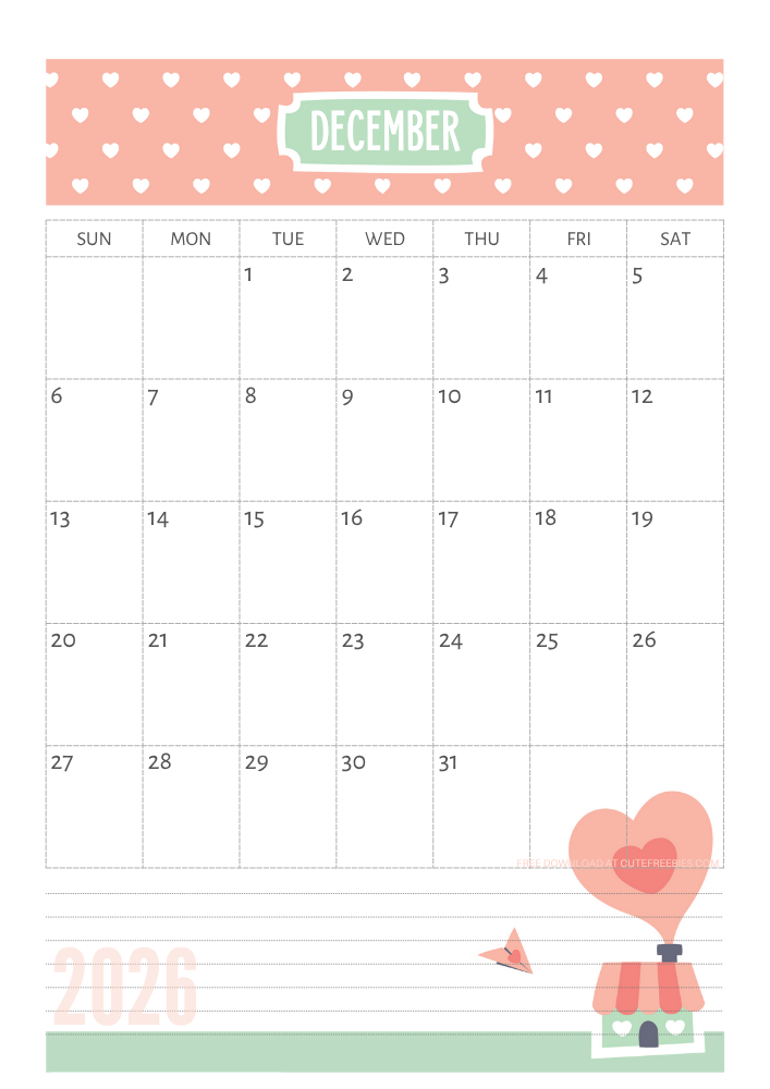 December 2026 Cute calendar free printable - SEE PREVIOUS POST TO DOWNLOAD THE COMPLETE 2026 CALENDAR