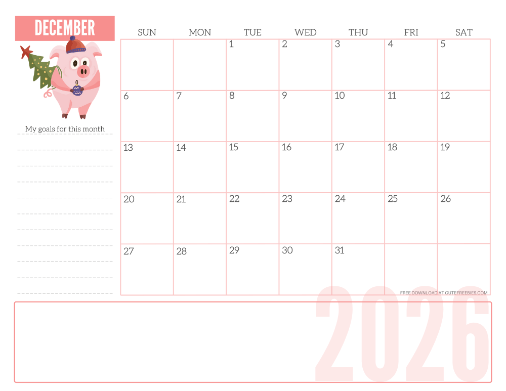 December 2026 CUTE monthly planner - free printable 2026 monthly calendar pink pig #printablesandinspirations #freeprintable SEE PREVIOUS POST TO DOWNLOAD THE COMPLETE 2026 CALENDAR