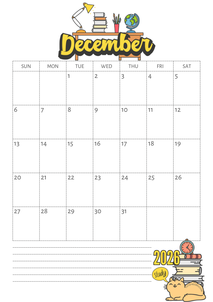 December 2026 calendar, free printable school calendar for 2026 - SEE PREVIOUS POST TO GET THE COMPLETE 2026 MONTHLY CALENDAR PDF