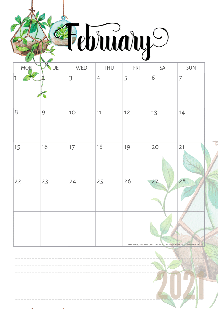 Free printable February 2021 calendar with plants - CLICK PREVIOUS POST to download the PDF