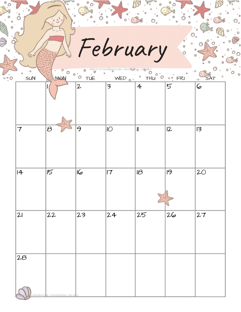 February 2021 calendar with cute mermaid #cutefreebiesforyou #mermaid #freeprintable