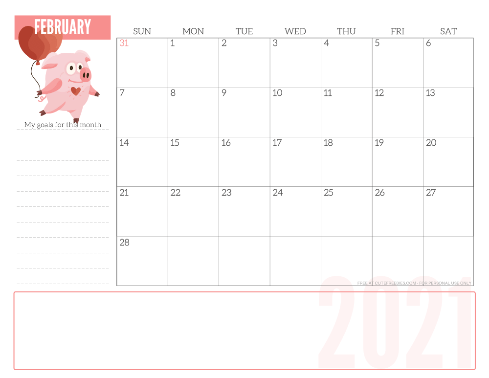 FEBRUARY 2021 CUTE monthly planner - free printable 2021 monthly calendar pink pig #printablesandinspirations #freeprintable SEE PREVIOUS POST TO DOWNLOAD THE PDF