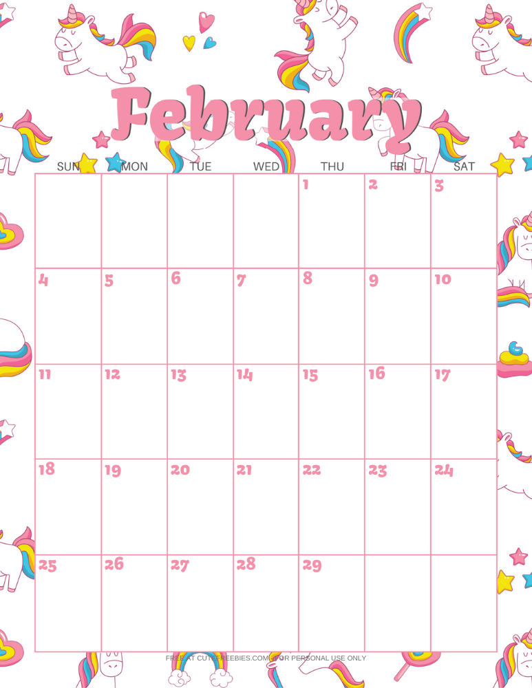February 2024 calendar with unicorns #unicorn #freeprintable #cutefreebiesforyou